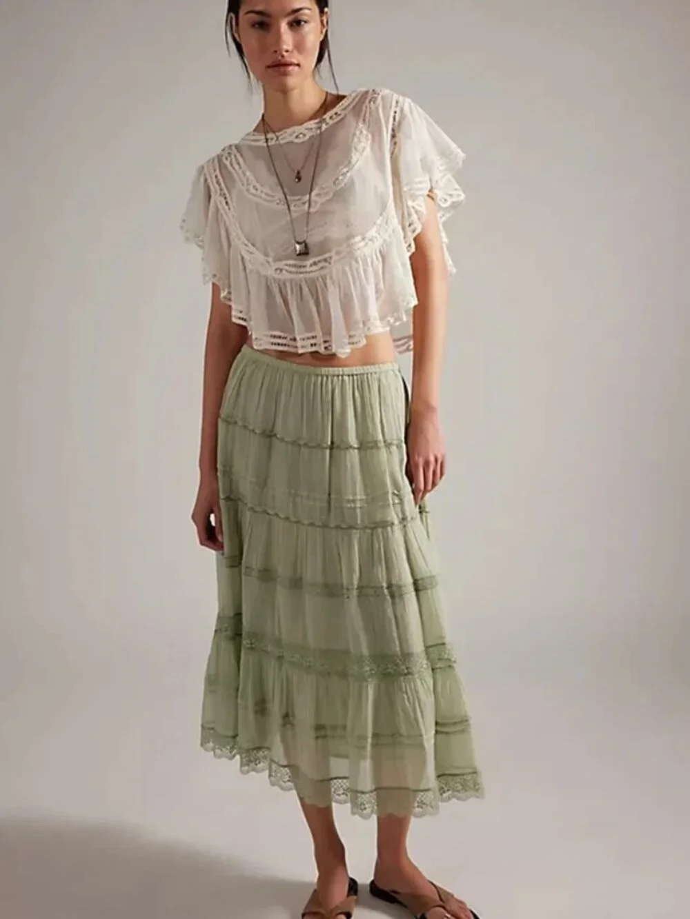 Free People FP One Lily Lace Midi Skirt Green Pull-on Elastic Waistband M